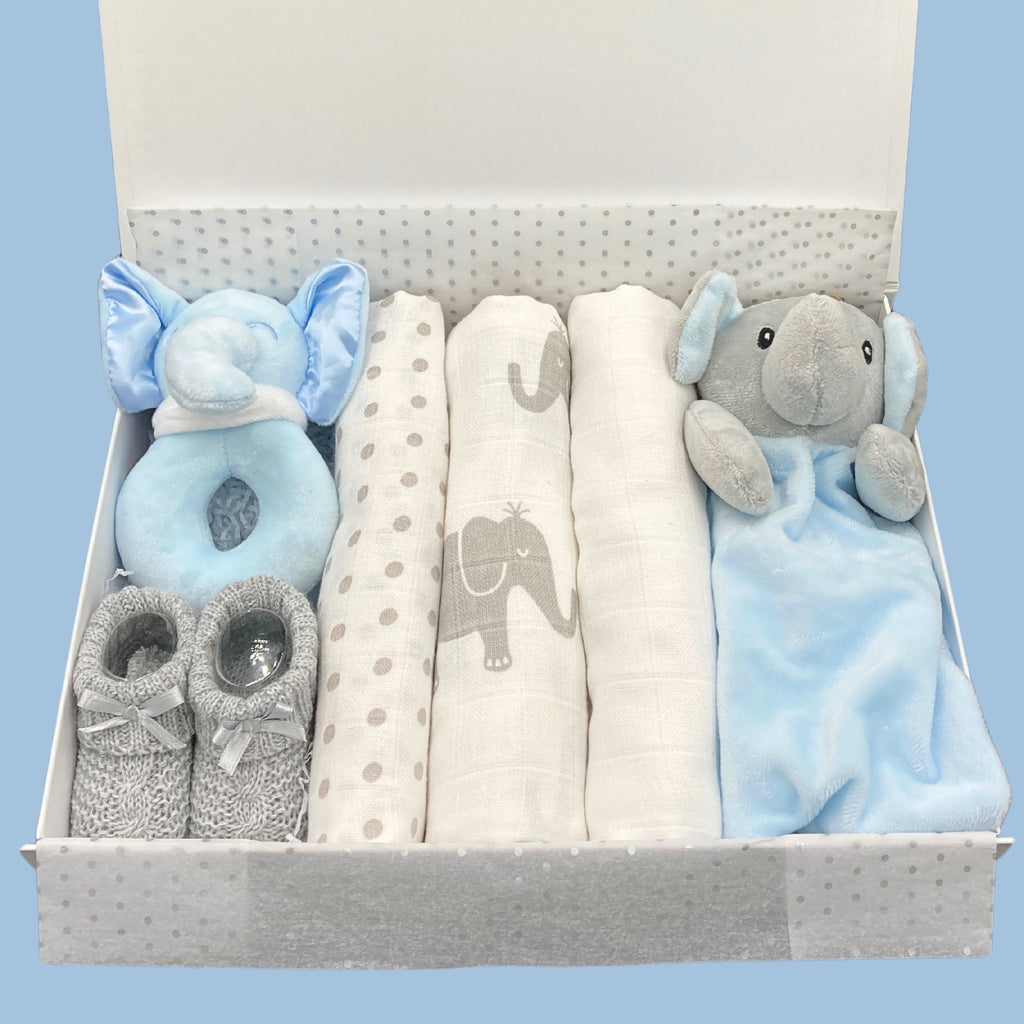 Baby Boy Hamper Gift Set - Elephant with a Luxury Magnetic Gift Box ...